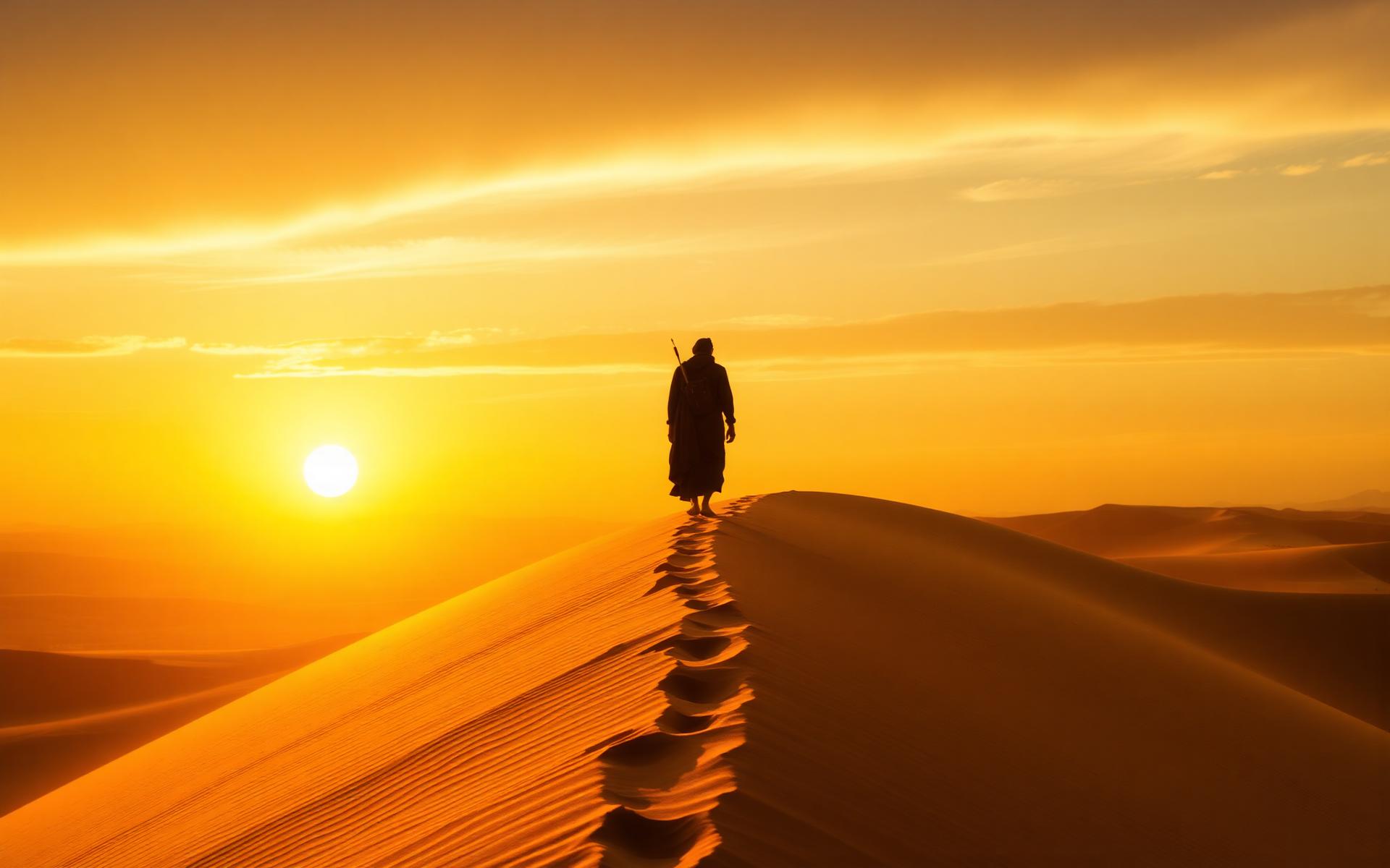 Nomad silhouette on a Sahara dune at sunset